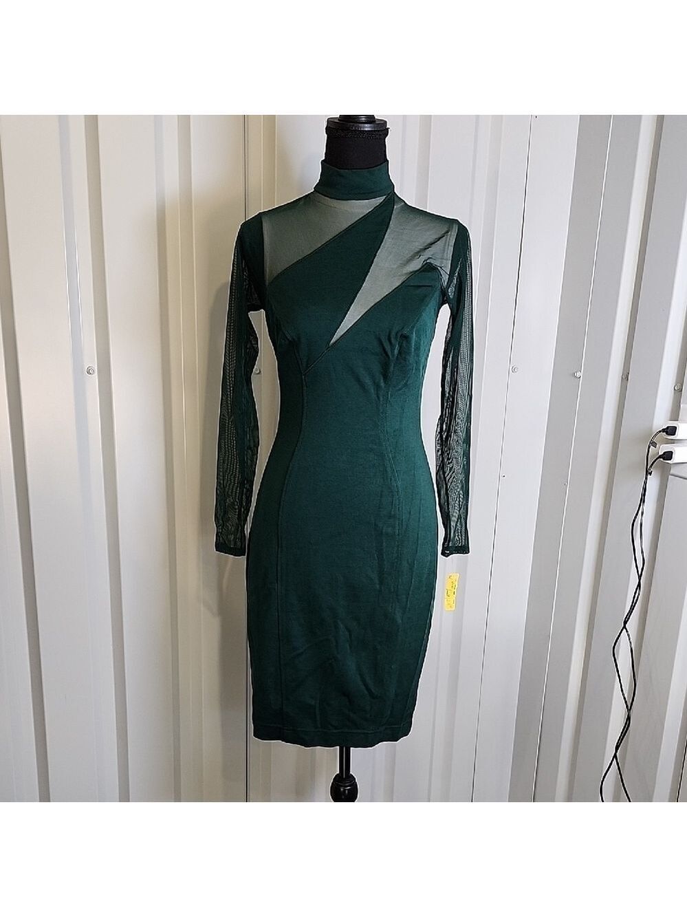 Tadashi Shoji Vintage Dark Green Mesh Insert Long Sleeve Dress Size Small